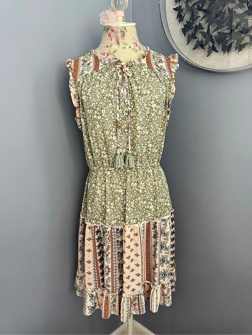 Floral Green Patchwork Boho Mini Dress
